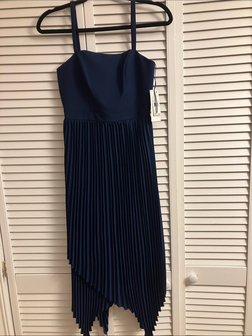 Aidan Mattox Navy Pleated Asymmetric Hem Spaghetti Strap Dress